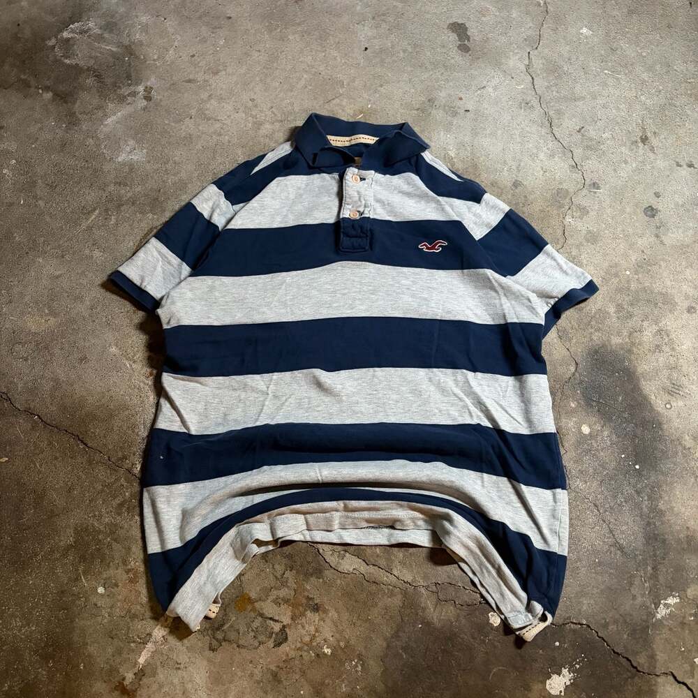 Hollister California Mens Striped Short Sleeves Blue Cotton Polo Shirt Size L